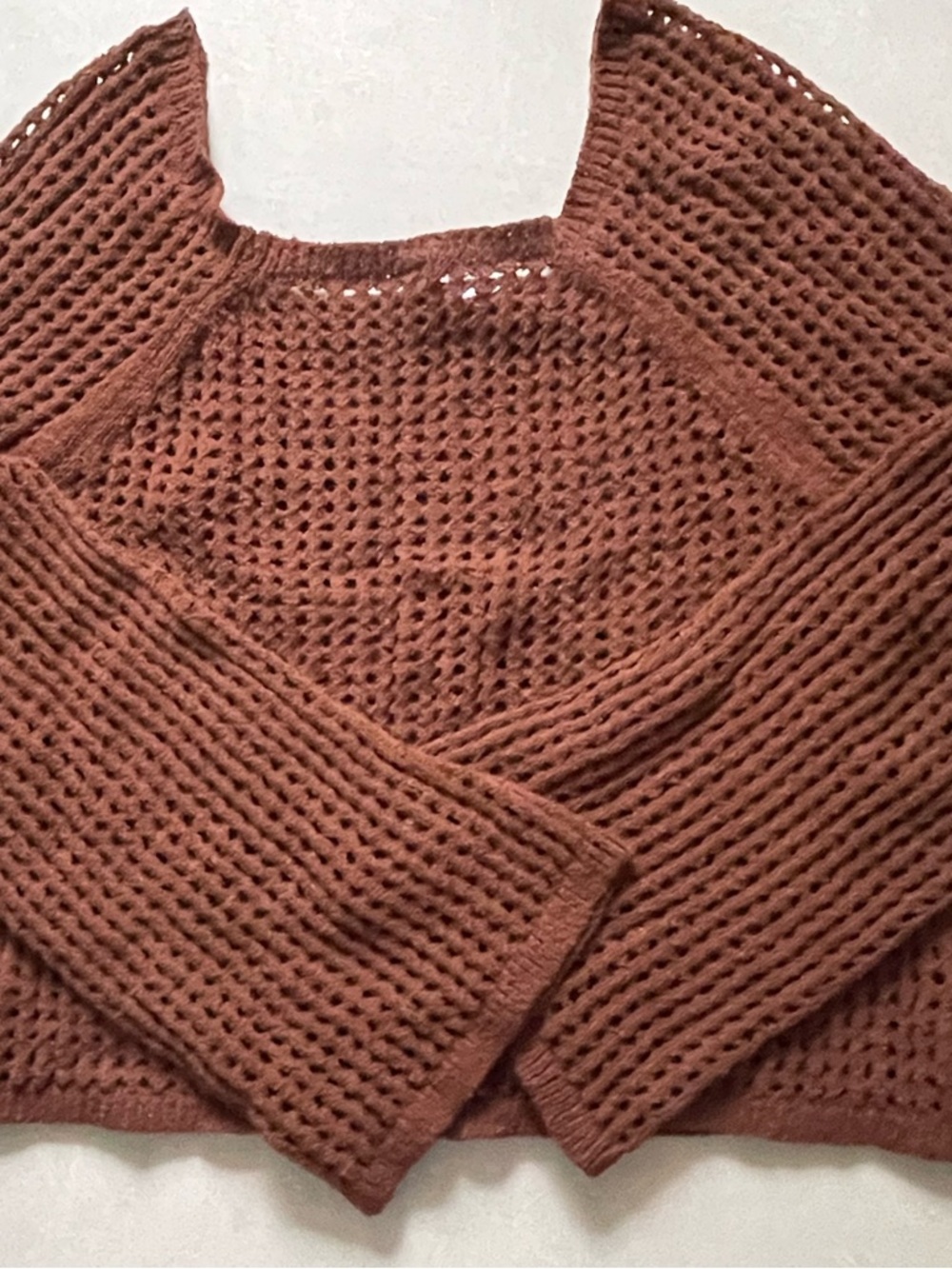 Old Navy Open-Knit Cropped Off-Shoulder Sweater in Rust Brown
